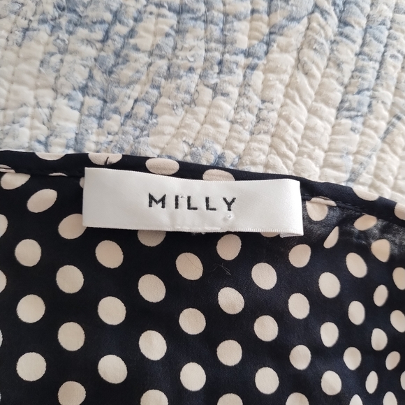 MILLY Navy White Polka Dot Silk Tie Sleeve Blouse S - Picture 4 of 5